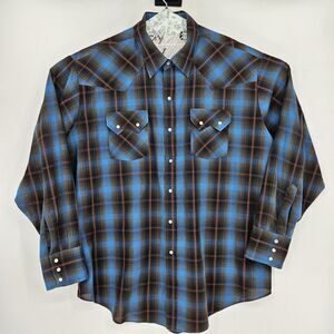 Ely Cattleman Pearl Snap Shirt Mens XXL Blue Black Plaid Long Sleeve Western